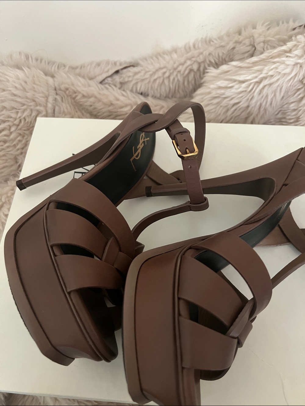 Yves Saint Laurent Brown Leather Knotted Platform Heels with Gold Logo - Picture 6 of 8